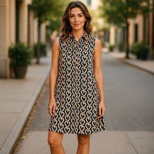 CAbi Medium Armour Heart Chain Shirt Dress Blue Orange Sleeveless Buttons Collar